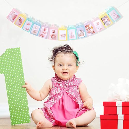 Image of Rainbow Girls 1st Birthday Decorations - Colorful 1 To 12 Months Photo Banner,Newborn Monthly Milestone Photos,Baby Girl First Year Rainbow Themed Photo Banner,Newborn Sweet One Birthday Banner