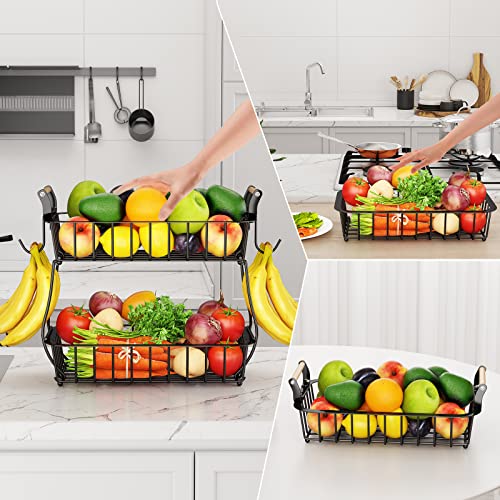 2 Tier Fruit Basket Bowl With 2 Banana Hangers For Kitchen Counter, Metal Countertop Fruits Produce Storage Basket Holder, Large Fruit Vegetable Stand Organizer For Bread Snack Veggies Potato, Black #TOP4