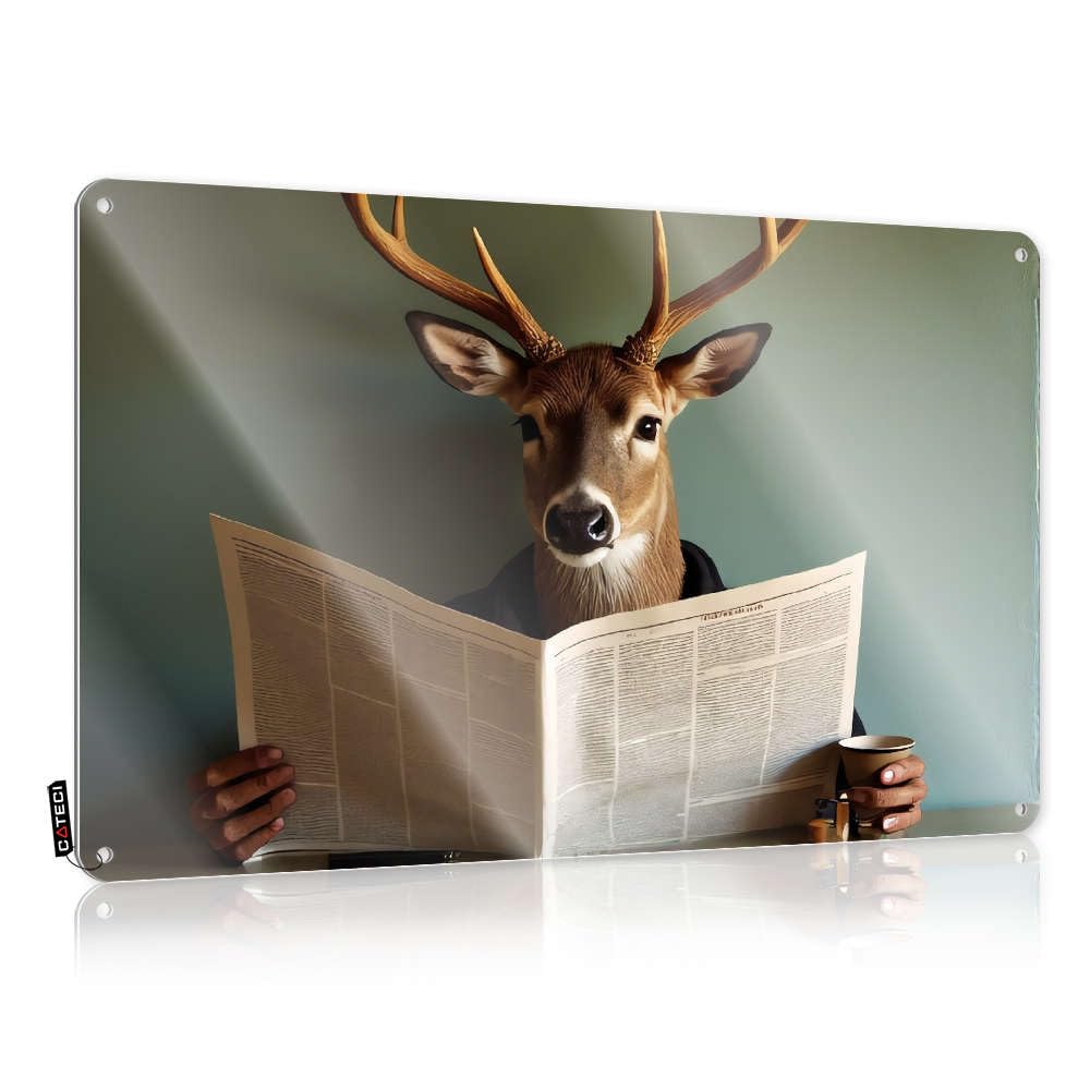 Sujd Men's Colour Tinplate Sign Workshop Decor For Funny Warning Metal Rust-Proof - Cowboy Large Vintage & Deer Reading Newspaper With Coffee Cup. / Rustic Durable Wall Plaque Garage
