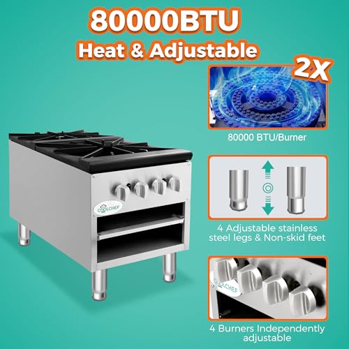 Image of 18 Inch 2 Burner 160,000 BTU Hot Plate, Stainless Steel Commercial Gas Stove, NG /LP Convertible, ETL Certified