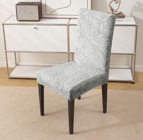 Image of House of Quirk Stretchy Universal Camellia Jacquard Waterproof Chair Cover Removable & Washable Short Dining Chair Cover Protector Seat Slipcover (Dark Grey,Pack of 4)