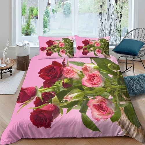 Parure de lit roses rouges 140x200 avec housse de couette en microfibre et taies d'oreiller pour ado