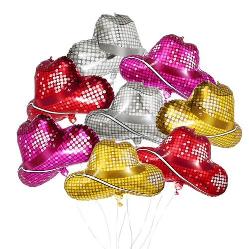 Deermon Cool Hot Pink Red Silver Gold Western Shiny Disco Hat Balloon, Colorful Jumbo Cowgirl Hat Helium Foil Balloons For My First Rodeo Birthday Baby Shower Bachelorette Party Decor Supplies