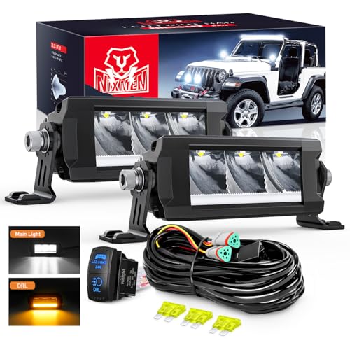 Image of Nilight LED Light Bar with Amber DRL 2 PCS 15 W 5.3 Inch Single Row Light | Anti-Glare Spot Offroad Slim Driving Lights IP68 with 16AWG DT Wiring Kit for Pickup Truck SUV ATV UTV Boat 4x4 Jeep
