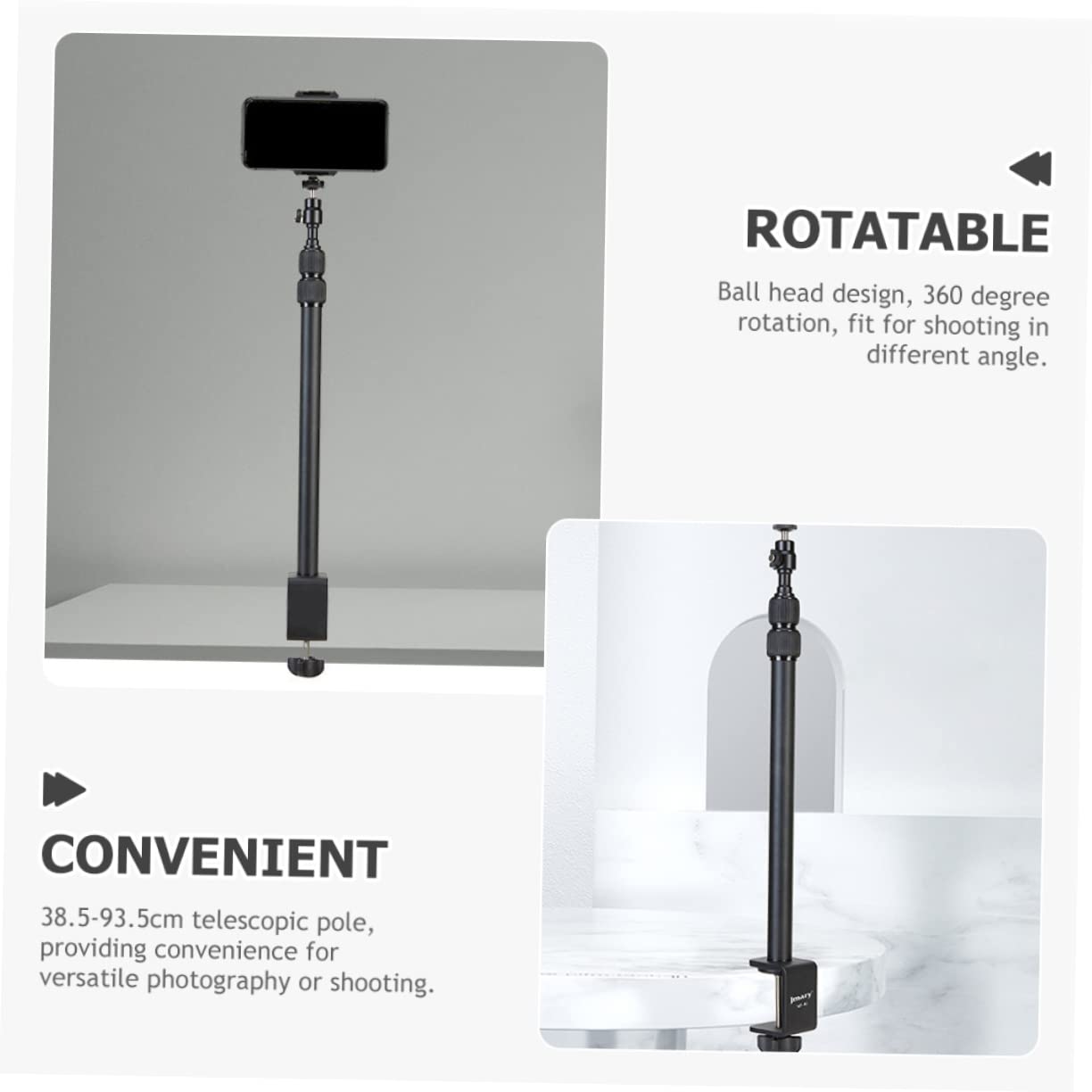 NUOBESTY Supporto da Scrivania per Camera Filettatura 1/4 in Alluminio Nero | Snodo Sferico, Asta Telescopica 38, 5-93, 5cm, Rotazione 360°, per Proiettore e Anello Luminoso