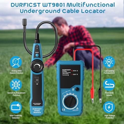 Underground Wire Locator,DURFICST Multifunction Buried Wire Locator with 15-inch Metal Hose,Wire Break Locator for Dog Fence Wires,Underground Cables and Metal Pipelines