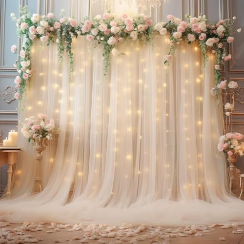 Image of 2pcs Backdrop Decoration Net Tulle Large Size, Nylon Made, Reusable, Soft, Wrinkled Free, 8 x 5 ft Each, Cabana Tent Party Decoration Items for Birthday, Anniversary (CREAME)