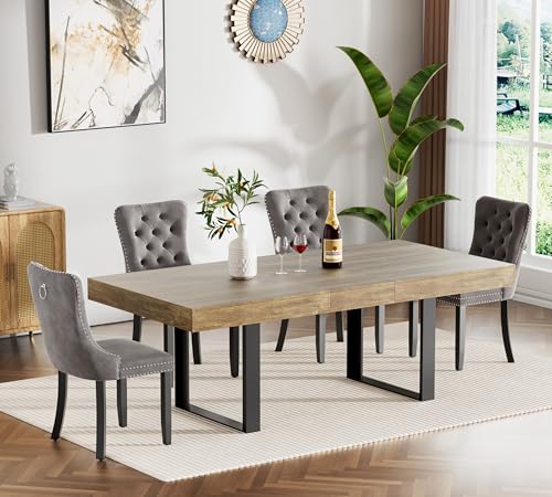Image of Brown Dining Room Table Set for 4, 5-Piece 63 inch-78.74 inch Extendable Dining Table Set with 4 Upholstered Chairs, Rectangle Wooden Expanding Kitchen Table and Grey Chairs Set