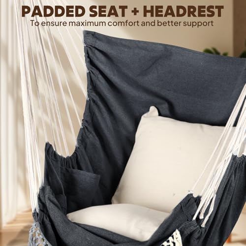Image of Chihee Hammock Chair Foot Rest 2 Cushions Max 500lbs Metal Spreader Bar | Robust Hanging Chair Soft Cotton Blended Swing Collapsible Easy Storage Strong Strap Iron Carabiner Pocket Indoor Outdoor