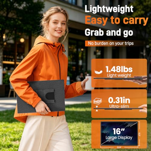 Image of 16″ Portable Monitor for Laptop, 1200P IPS Laptop Screen Extender, Plug & Play Dual Monitor with 360 Rotating Stand, Ultra Slim Travel Monitor for Laptop, PC, MacBook, PS5