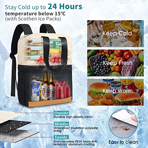 Scothen Backpack Cooler With Double Decker & 12 Ice Packs- Keeps 36 Cans Cold For Up To 24 Hours- Waterproof & Leak Proof Insulated Cooler Backpack- Stylish Cooler Bookbag For Women Travel Work Beach #TOP3