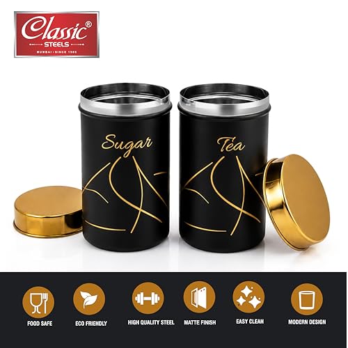 Image of Classic Steels Premium Long Tea & Sugar Canister Set (850ml) (Black) | Airtight Kitchen Canisters Stainless Steel Storage Jars with Gold Lid & Label | Matte Finish Kitchen Storage Container Set