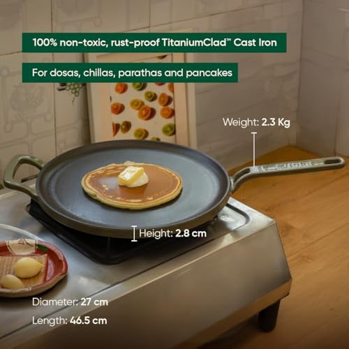 Image of Ember Cookware TitaniumClad Enamel Cast Iron Tawa for Dosa 27 cm | 10-Year Warranty | Rust-Proof Cast Iron Tawa for Roti & Dosa | Non Stick Dosa Tawa | Heavy Duty Induction Cookware | Sage
