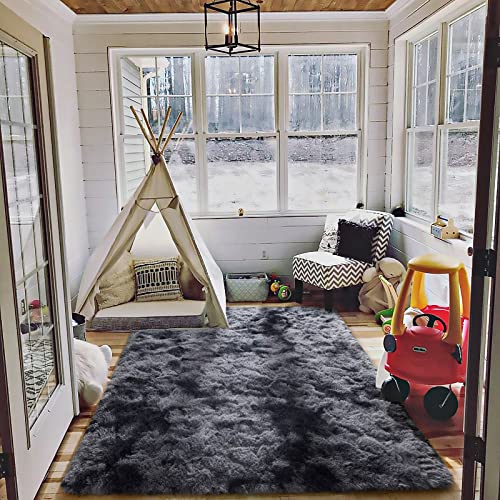 HOMORE Living Room Rug 5x7 Rug Tie Dye Black Grey Rugs for Living Room, Non Slip Plush Rugs for Bedroom Memory Foam Carpet for Kids Nursery Dorm