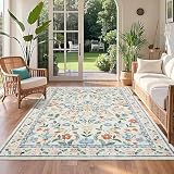 Picture of GarveeHome Washable Rug 5 x 7, Low Pile Farmhouse Floral Carpet, Non-Slip Soft Vintage Throw Rug, Non-Shedding Indoor Foldable Printed Rugs for Bedroom Dining Room Kitchen, Green