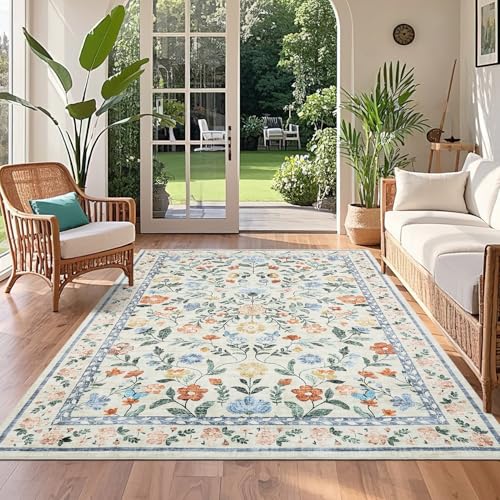 CAROMIO 120x170 cm Machine Washable Floral Rug, Non-Slip Living Room Soft Area Rug, Foldable Farmhouse Carpet for Bedroom, Dining Room and Nursery, Green