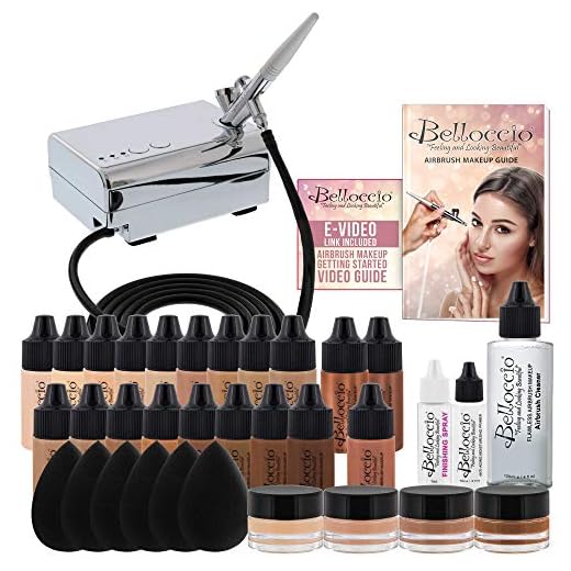 Complete Professional Belloccio Airbrush Cosmetic Makeup System with a MASTER SET of All 17 Foundation Color Shades in 1/4 oz Bottles - Blush, Bronzer, Highlighters