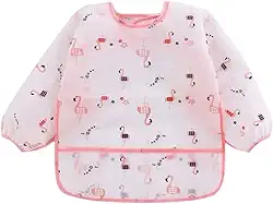 Babador Manga Longa Impermeável Tecido Molinho com Coletor Migalhas Babador Avental Introdução Alimentar Estampa Flamingo