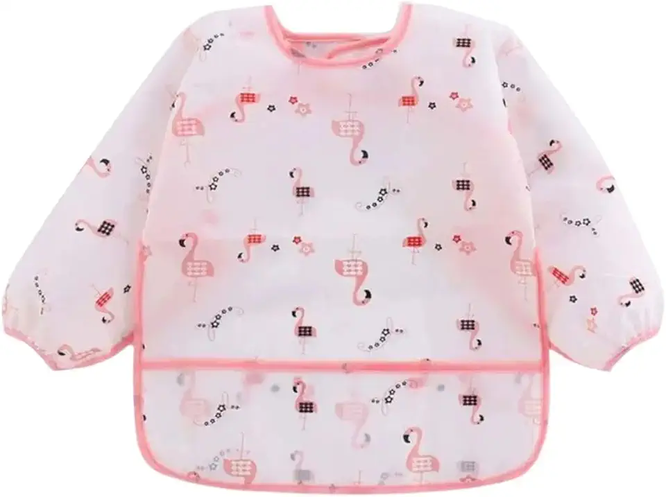 Babador Manga Longa Impermeável Tecido Molinho com Coletor Migalhas Babador Avental Introdução Alimentar Estampa Flamingo