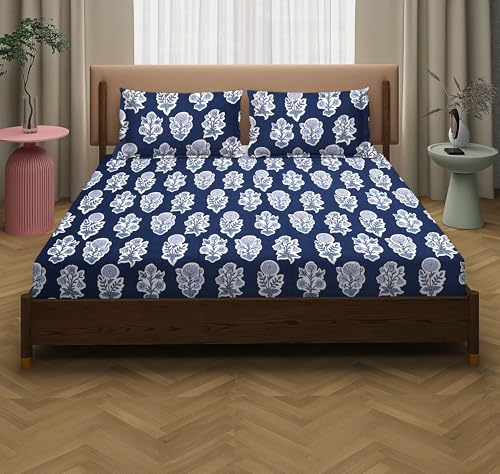 Image of la'amour XXL Microfiber Soft Cotton Super King Size Bedsheet for Double Bed, King Size 108 Inches X 108 Inches, 9 Feet, 275 X 275 cm with 2 Large Size Pillow Covers Without Joint - Blue and White