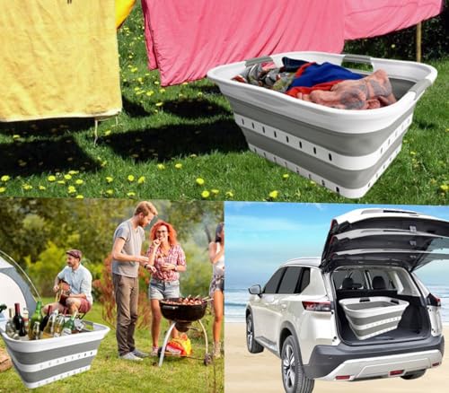Image of SAMMART 42L (11 gallon) Collapsible Plastic Laundry Basket - Foldable Pop Up Storage Container /Organizer - Space Saving Hamper /Basket (1, Grey /White)