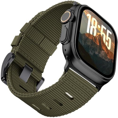 Rugged Tactical Nylon Bands Compatible with Apple Watch Ultra 3/2/1 49mm for Men, Military Sport Strap for iWatch 11 10 46mm, 9 8 7 45mm, SE 6 5 4 44mm, Army Green/Black