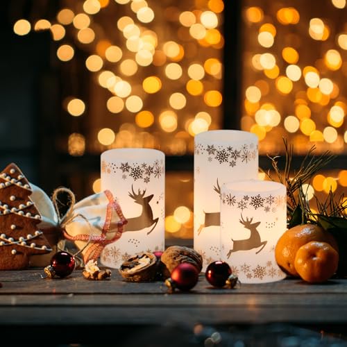 Image of GenSwin Christmas Flameless LED Flickering Candles, Real Wax, Gold Deer, 3 Pack Pillar Fake Candles for Winter Indoor Fireplace Decor (D3' x H4'5'6')