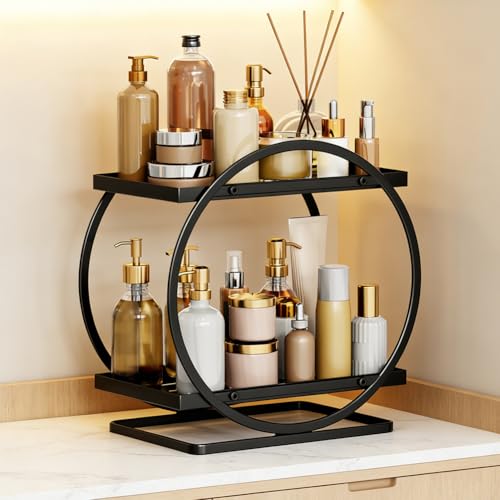 Tocador organizador de maquillaje de 2 niveles, organizador de perfume de metal para dormitorio, baño, cosméticos, perfume, organizador de maquillaje, con soporte de perfume y estante, color negro