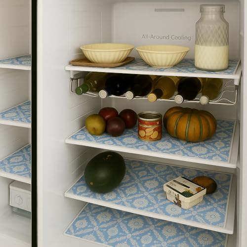 Image of Side-by-Side Door Fridge Shelf Liners Set: Mats for Refrigerator and Freezer Sections -Machine Washable Liners for Glass Shelves, Drawers, Trays Refrigerator Accessories, Pack of 22(Frosted Florals)