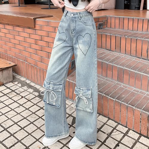 Y2K Gothic Grunge Casual High Waist Straight Vintage Heart Embroidery Straps Decor Wide Leg Jeans for Women4