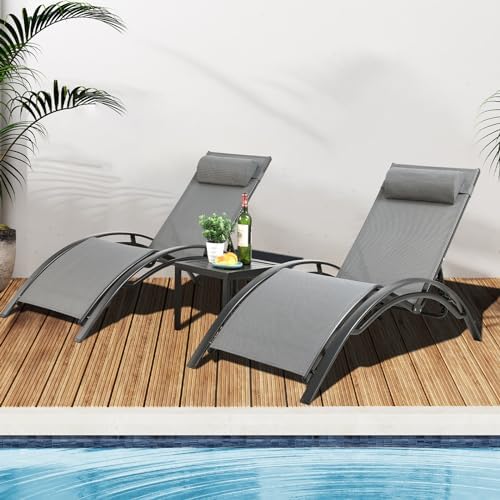 Bild 4 - LIFERUN XXL Aluminium Sonnenliege 2er Set,mit Beistelltisch und Kopfkissen, stapelbare liegestuhl Garten, Wetterfest,5-Fach Verstellbare Rückenlehne, Geeignet für Gärten, Schwimmbäder, Strand, 2 PCS