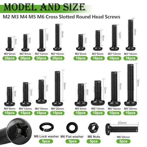 mxuteuk 2040PCS Metric Screws Nuts and Bolts Assortment Kit,Metric Machine Screws and Nuts,M2 M3 M4 M5 M6 Black Hex Socket Button Head & Cross Slotted Round Head Screw Nut and Bolts Kit