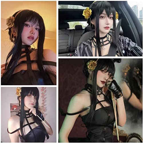 Image of Half and Half Long Black Anime Cosplay Wig with Bangs & Bun Pre-styled Thorn Princess Killer Costume Wigs Synthetic Hair + Wig Cap for Halloween Party