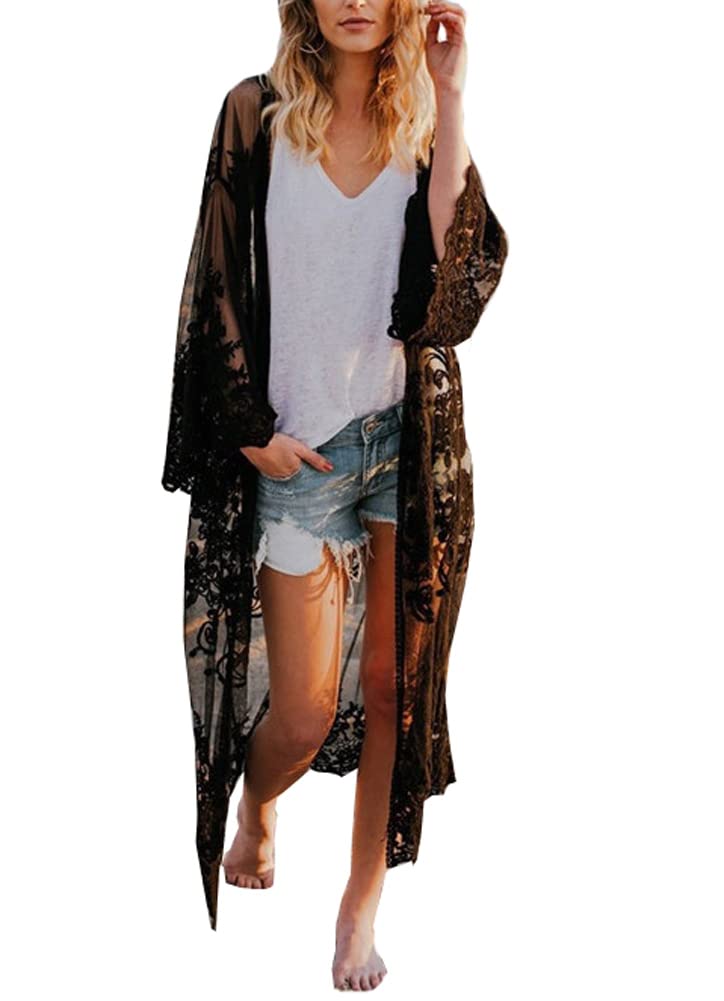 FSMO Cárdigan largo para mujer, vestido largo de encaje, flores, kimono de verano, pareo, bikini, chaqueta ligera, vestido de playa