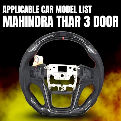Image of KMH Premium Black Steering Wheel Compatible with Mahindra Old Thar 3 Door - Sporty Look, Enhanced Grip & Fit Plug and Play Car Interior Accessories (Real Carbon with LED)
