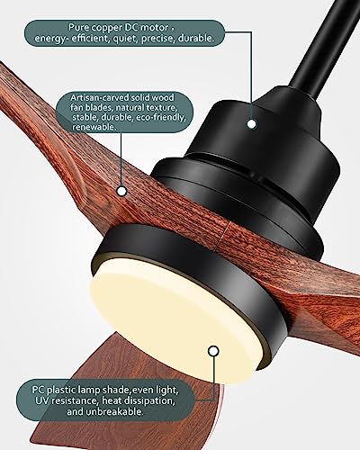 Image of Ceiling Fans with Lights and Remote, 52 Inch Outdoor Ceiling Fan for Patios Indoor with 3 Downrods, 3 Blades Modern Ceiling Fan, 6 Speed Reversible Quiet DC Motor Solid Wood Fan,52in,Walnut