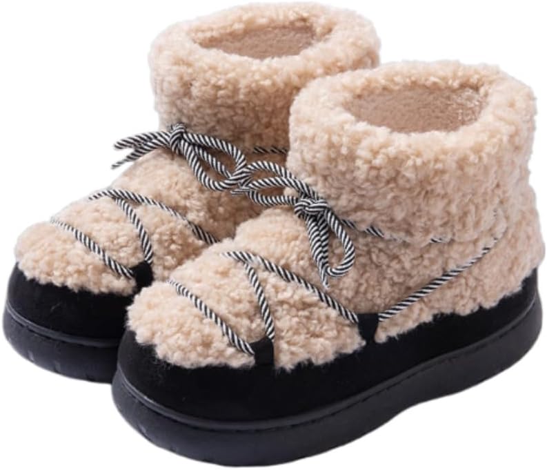 Winter Snow Shoes Sherpa Fur Boots Lace Up Faux Plantform Cute Furry Round Toe Pull On Mid Calf Warm Non-Slip Flats Thermal Inner Lined Waterproof Casual Lightweight Wear Millennial Trendy Booties