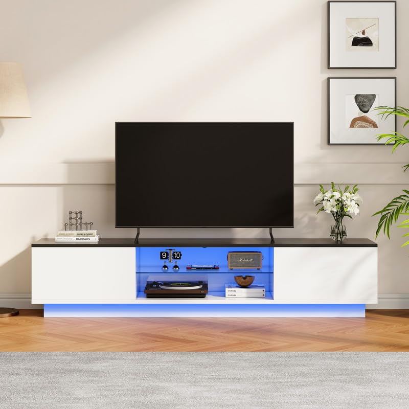 Szafka pod telewizor z oświetleniem LED, drewniany stolik telewizyjny z 2 drzwiami i szklanymi półkami, ławka telewizyjna 160 cm, konsola TV, szafka telewizyjna, szafka pod telewizor 55-65