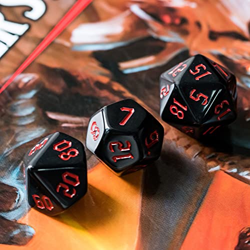 Image of 7-Die Polyhedral DND Dice Set, Black D&D Dice with Leather Pouch for Role Playing Games, Black with Red Number, D4 D6 D8 D10 D12 D20 D%
