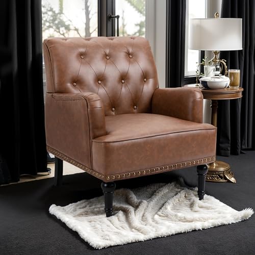 MOJAY Faux Leather Accent Chair, Mid-Century Armchair Living Room Sofa Chair with Rubber Wood Leg, Club Chair with Rivet Trim for Bedroom Reading Room Reception (Brown)