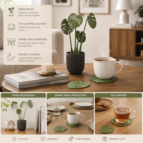 Image of SR Premium Monstera Leaf Coaster Set with Pot | Artificial Plants with Pot | Home decore | Multi-Purpose Heat Resistant Coasters & Table Trivets for Personal /Office /Home /Restaurant (1)