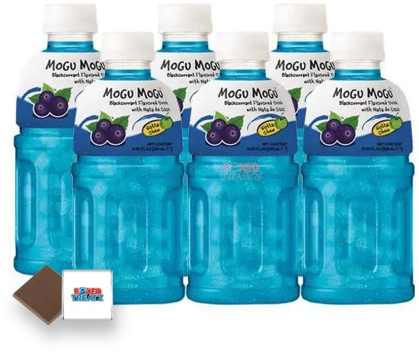 Mogu Mogu Flavored Drinks 6x320ml, BLACKCURRANT - Nata De Coco Juice - Refreshing Taste - Fun Drinking During Hot Summers Or Take Them On Trips & Picnics Boxed Treatz