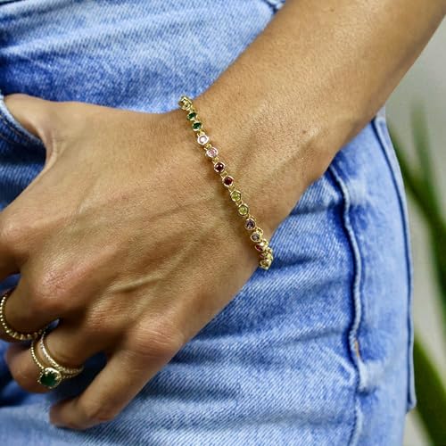 14K Gold Plated Simulated Diamonds Bezel Set Tennis Bracelets for Women - 3mm Cubic Zirconia Stones Trillion Trinity Radiant Cut Round - Colorful Bracelets for Women - Adjustable to fit all wrist sizes3