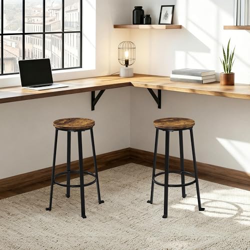 Butacos de bar Yaheetech, set de 2, estilo industrial con patas de metal, color marrón rústico, capacidad de 136 kg por butaco, estructura de metal y asiento de madera MDF resistente al agua, patas ajustables para evitar rayones en el piso miniatura 4