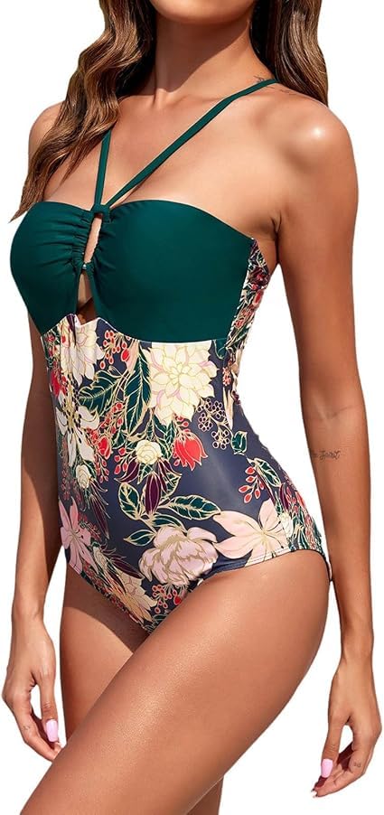 Image of AARAM Stylish Premium Women's One Piece Swimsuit with Cover Ups Wrap Skirt Sarong Retro Floral Print Monokini Tummy Control Swimwear, Printed Swimming Costume for Women Beach Wear