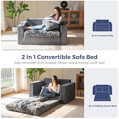 MAXYOYO Convertible Sofa Bed, Pull Out Loveseat Sleeper Sofa, 2 in 1 Folding Couch Bed, Fold Out Floor Couch with Pillows for Living Room Bedroom Lounge, Dark Grey