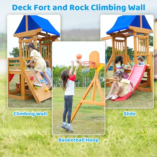 Kids Swing Sets for Backyard, Wooden Playground Sets for Ages 3-6 with a Wave Slide, Rock Climbing Wall, Sandbox, 2 Swings, and More,6-in-1 Outdoor Playset
