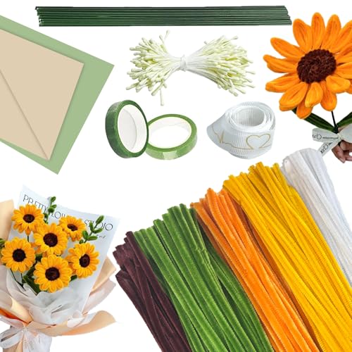 pangdapengpeng 210 peças Sunflower Bouquet Craft Pipe Cleaner para DIY, 5 cores de limpeza de tubos de flores equipado com fio floral, fita e estames, feito à mão (girassóis)