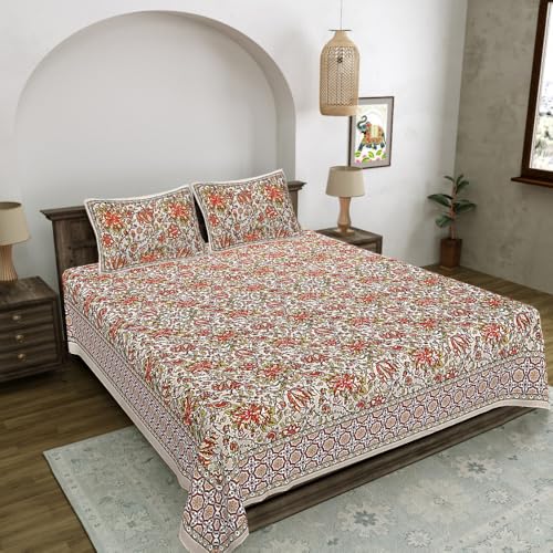 Image of Living Roots Jaipuri Hand Block Print Double Cotton Bedsheet & 2 Pillow Covers, for Mattress Upto 8 inches Thick, No Colour Bleeding, Orange Colour, Super King Size 96 * 104 inches, 150TC (580-A)
