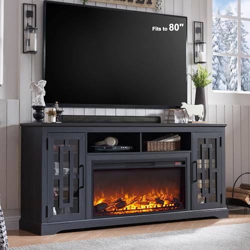 JXQTLINGMU Fireplace TV Stand with 36" Electric Fireplace for 80 Inch TV, Farmhouse 32" Tall Highboy Entertainment Center w/6 Shelves, Modern Media Console w/Storage for Living Room, Black